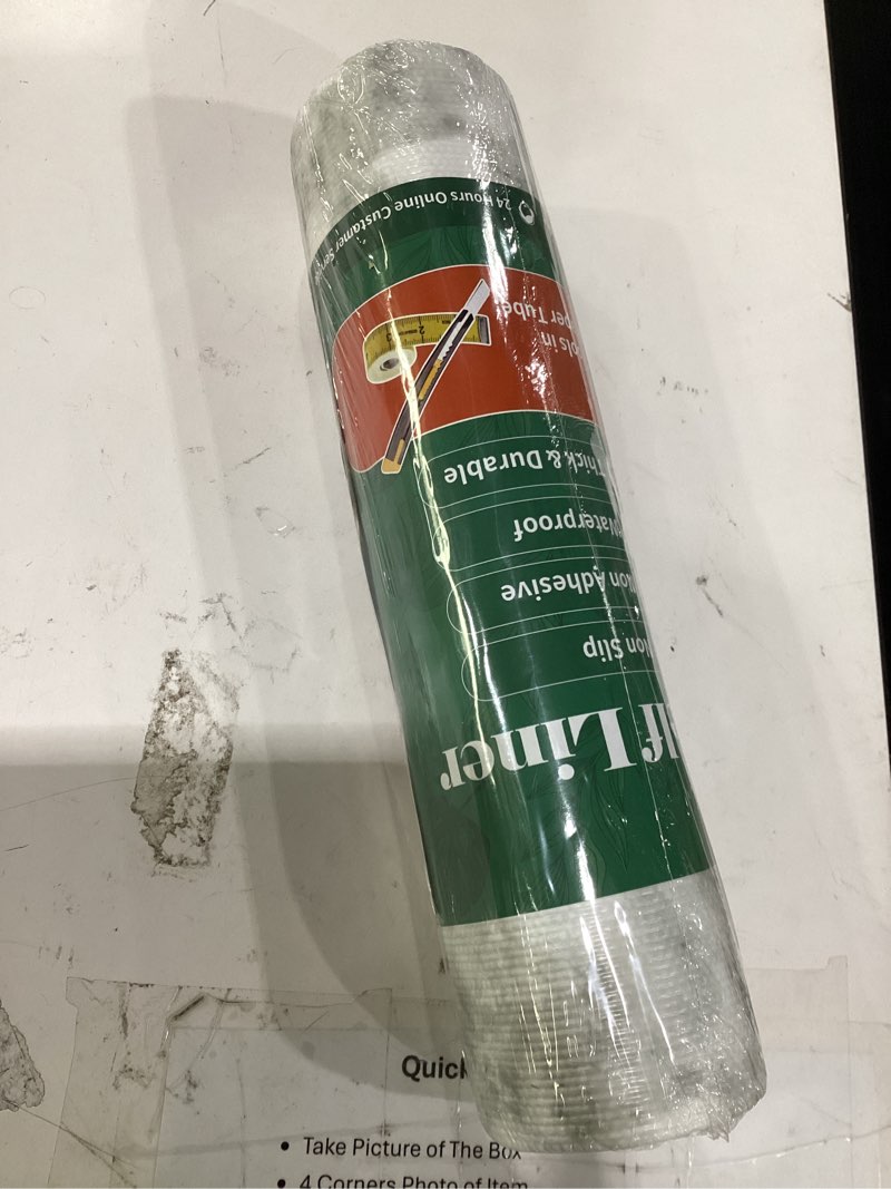 Condition photo showing Good Condition for 2-layer drawer and shelf liner for kitchen cabinet: 12 in x 20 ft non slip waterproof shelf paper non adhesive refrigerator liners white marble easy liners for bathroom with knife tape measure white marble 12"w x 236.2"l