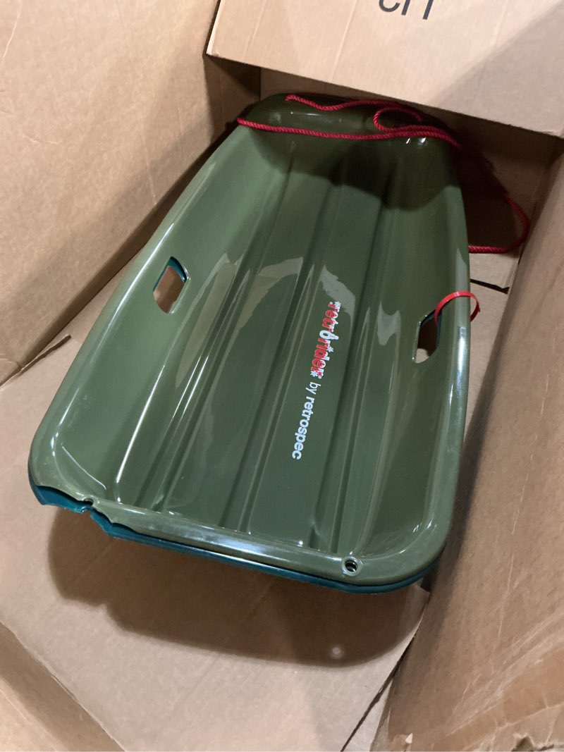 Condition photo showing As Is for Retrospec Retrorider Plastic Snow Sled – Toboggan Style with Pull Rope, Cold-Resistant Coating, and Hard Bottom for Smooth Downhill Rides – Available in 35" and 48" Sizes for Kids and Adults 2-Pack Mistletoe, Wintertide 48"