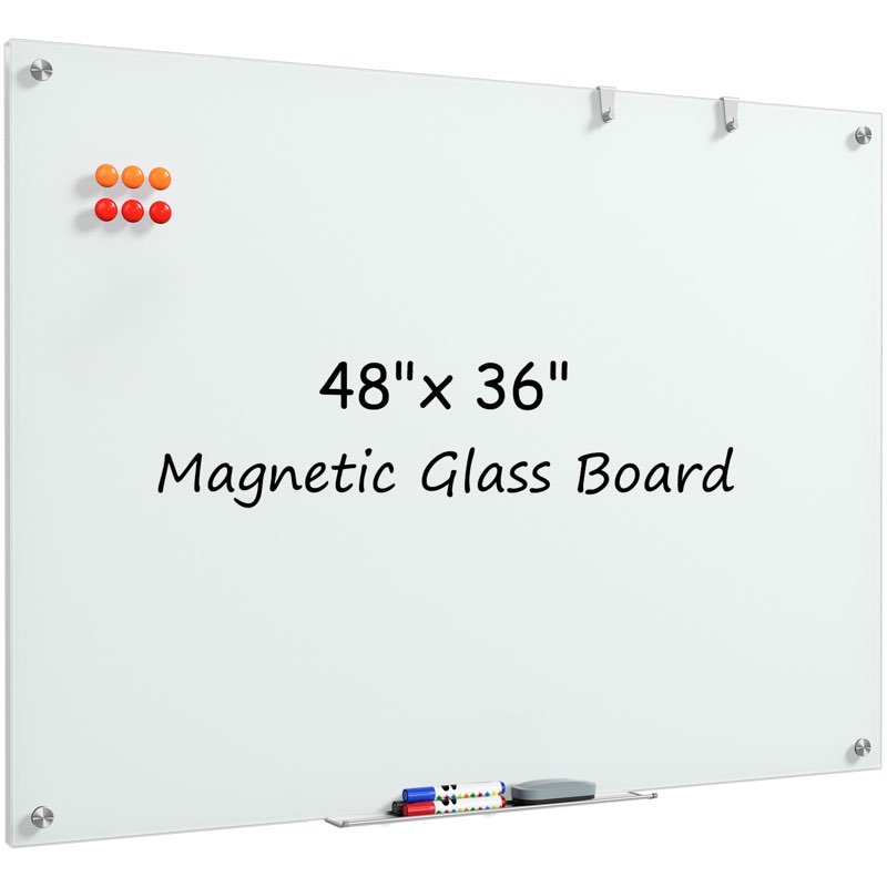 MaxGear Glass Whiteboard 48x36 Inches Wall Mounted, Magnetic White Board with 1 Eraser, 1 Accessory 