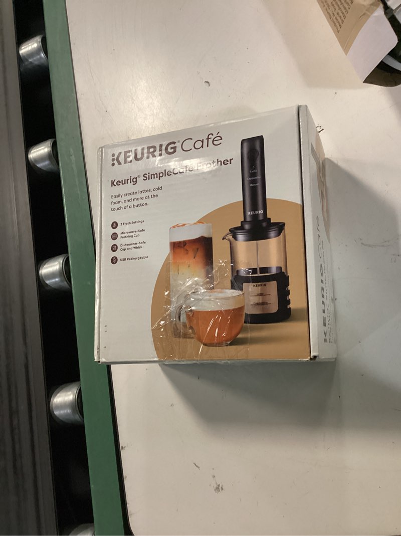 Condition photo showing New/Like New for keurig simplecafe frother, rechargeable handheld milk frother for lattes, cappuccinos & iced coffee, usb cord included, microwave-safe frothing cup, hot & cold foam maker