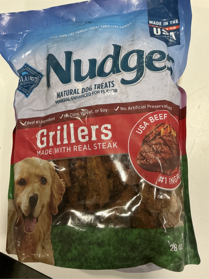 Condition photo showing As Is for (best by 2027/jul/31)blue buffalo nudges grillers  natural dog treats  steak  28oz bag