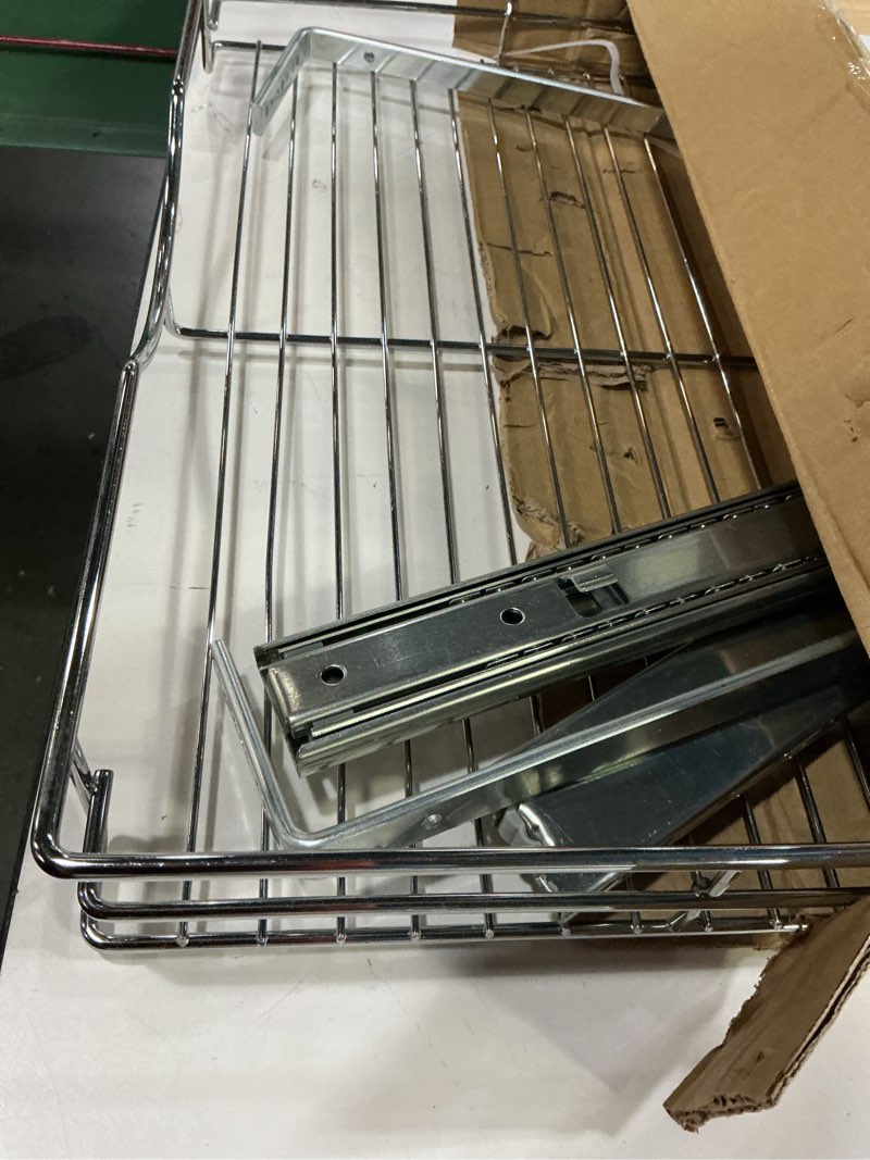 Condition photo showing As Is for DINDON 1 Tier Pull Out Cabinet Organizer (20" W x 21" D) Heavy-Duty Metal Sliding Drawer Shelf, Slide Out Wire Basket for Kitchen Cabinets, Pantry, Bathroom, Chrome Finish…… 20'' W X 21'' D Chrome