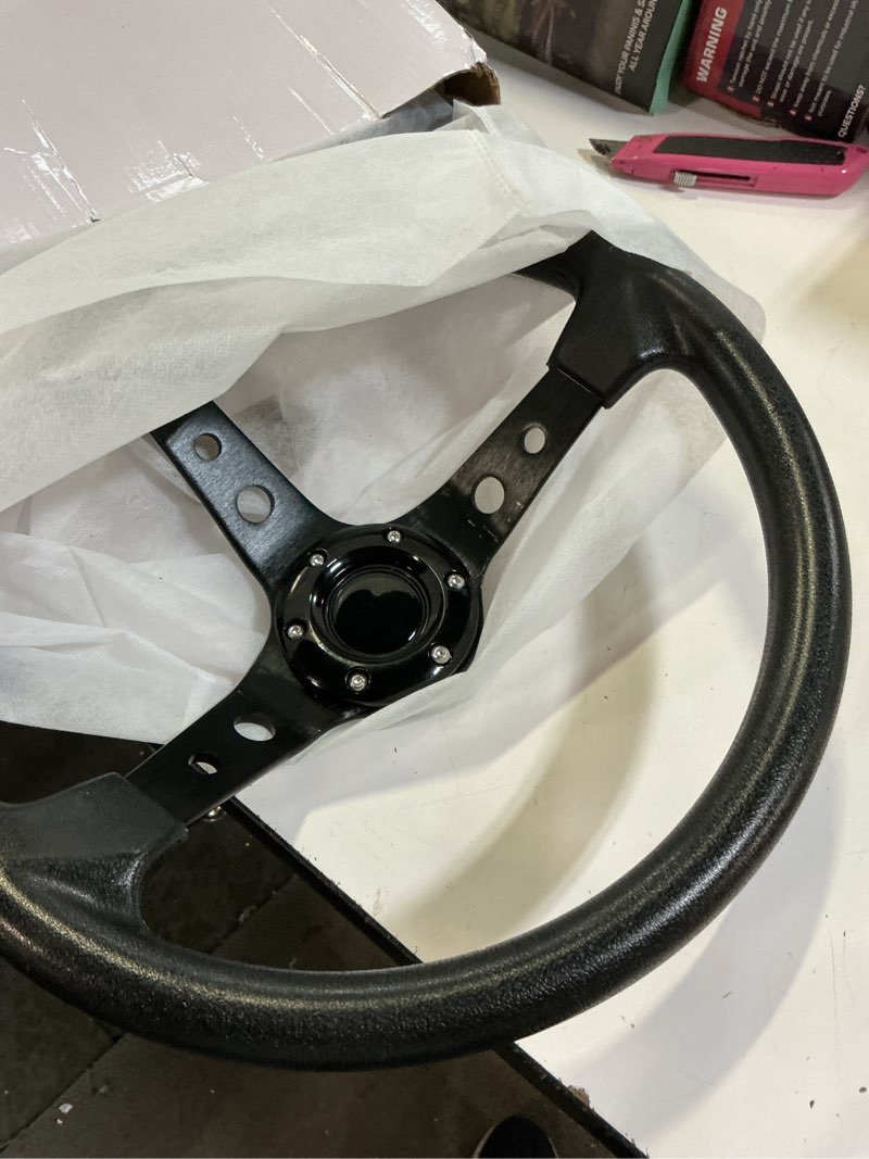 Condition photo showing Good Condition for drifting deep dish racing steering wheel, 6 bolt anti-slip leather and aluminum gaming steering wheel with horn button for racing/car sim driving/jdm sports (black)