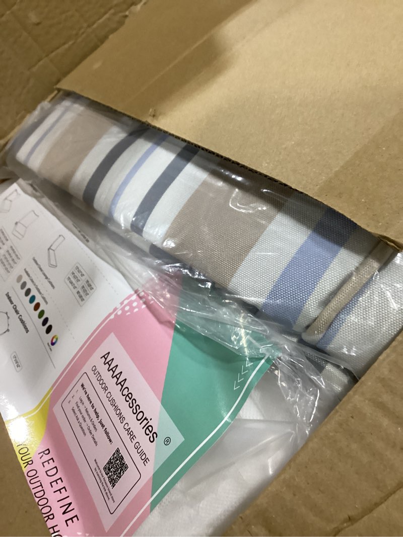 Condition photo showing Good Condition for aaaaacessories outdoor seat cushions for chairs, fade-resistant, waterproof patio furniture replacement cushions, 25.5" x 25.5" x 5" + 25.5" x 13.5", set of 2, slate gray blue coastal stripe slate gray blue coastal stripe 25.5"x25.5"x5" / 25.5"x13.5"