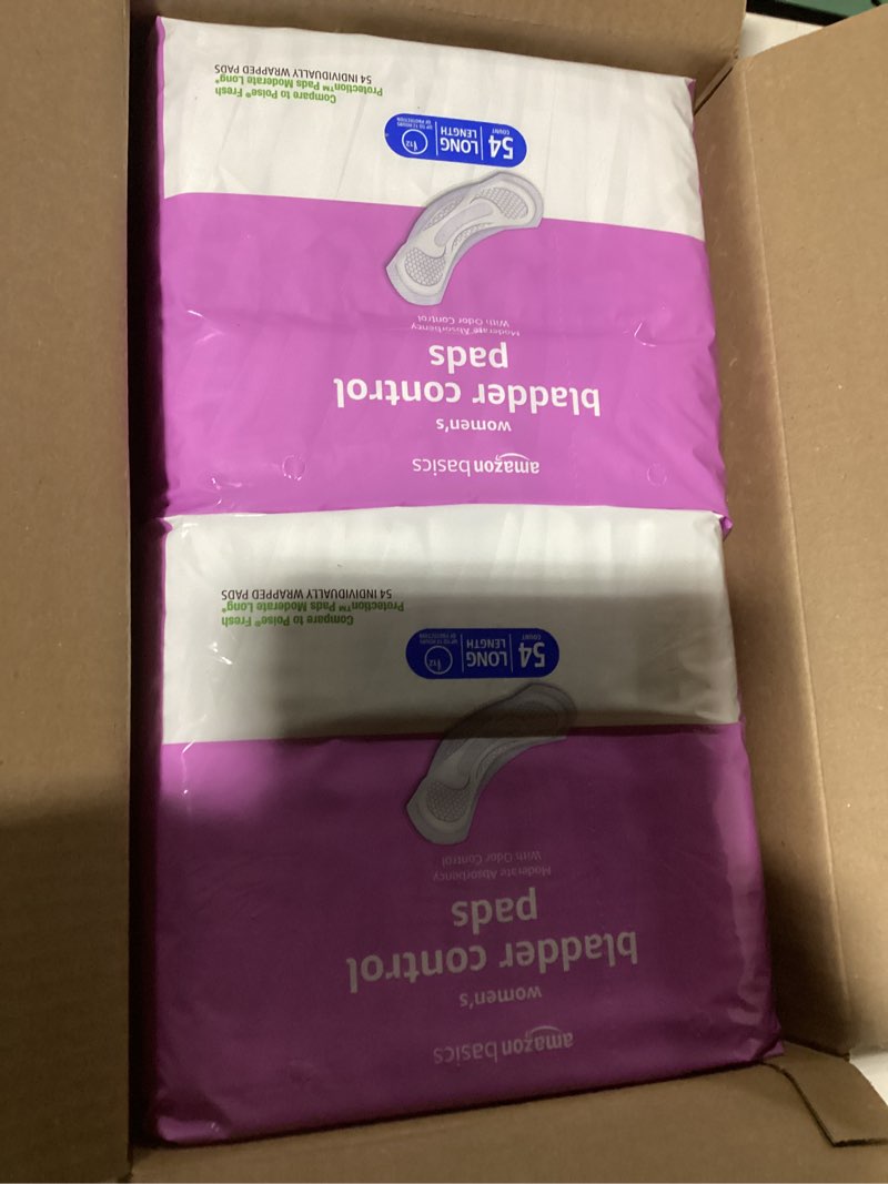 Condition photo showing New/Like New for Amazon Basics Incontinence Pads for Women Long, Bladder Control, Postpartum, Moderate Absorbency, Unscented, 108 Count (2 Packs of 54) Moderate (108 Count) 108.0
