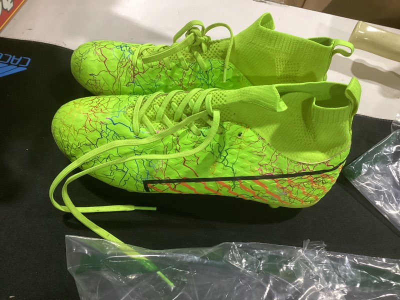 Condition photo showing As Is for (size 40) youth soccer cleats - lightweight high-top football boots for training 7 big kid green/orange