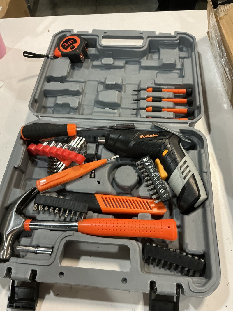 Condition photo showing Good Condition for solude 130-piece home tool kit with 3.6v cordless rechargeable screwdriver,basic household tool set for new home,apartment,college dorm and diy projects(grey)