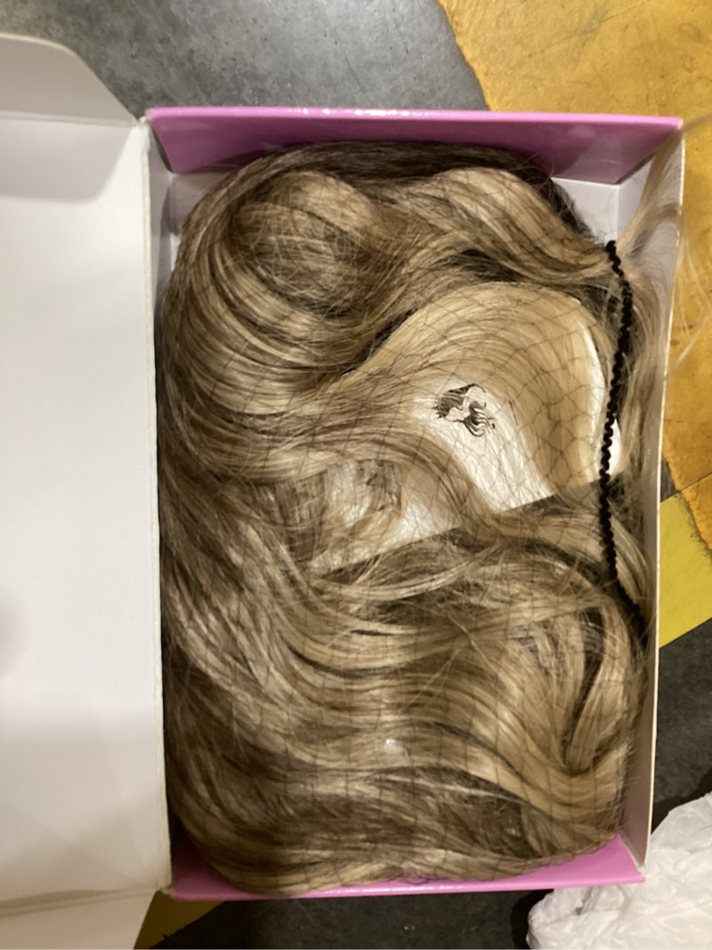 Condition photo showing Good Condition for lativ blonde wig with bangs short wavy curly ombre wig with dark roots synthetic heat resistant bob wigs for women daily party use 14 inches dark blonde