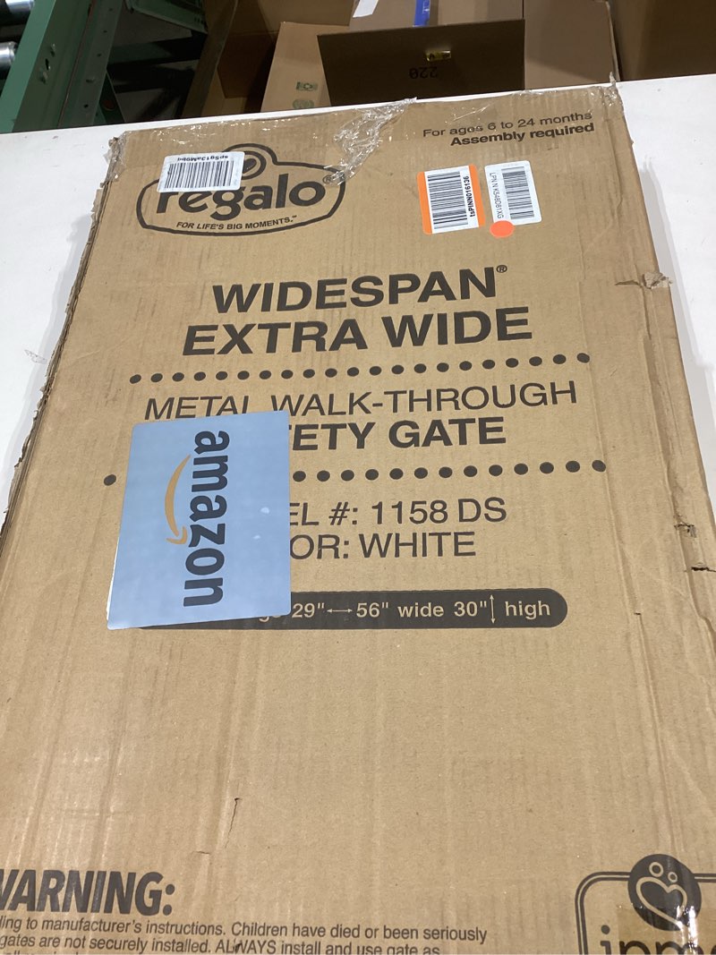 Condition photo showing New/Like New for Regalo Safety Baby Gate 56 Inch Extra Wide for Doorways & Bottom of Stairs, Pressure Mount Design for Babies, Toddlers & Pets, Tested & Safe for 30 Years, American Designed, American Owned, White White 29-56"W x 30"H