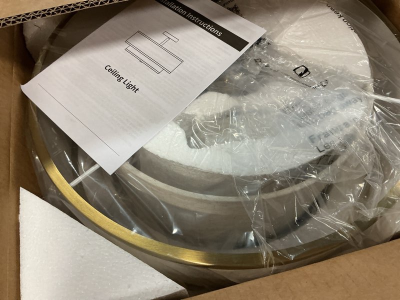 Condition photo showing New/Like New for semi flush mount ceiling light, 3-light double drum ceiling light fixture with fabric shade, farmhouse chandelier dining room light fixture for bedroom, kitchen, hallway (gold)
