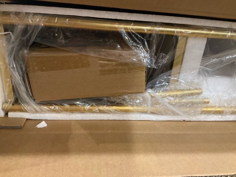 Condition photo showing Good Condition for crofy gold arched frame wall shelf, decorative 3 tier bathroom wall shelf with transparent tempered glass shelves and robust storage capacity, 5.1" d x 18.1" w x 28.9" h gold frame & transparent shelf 3 tier