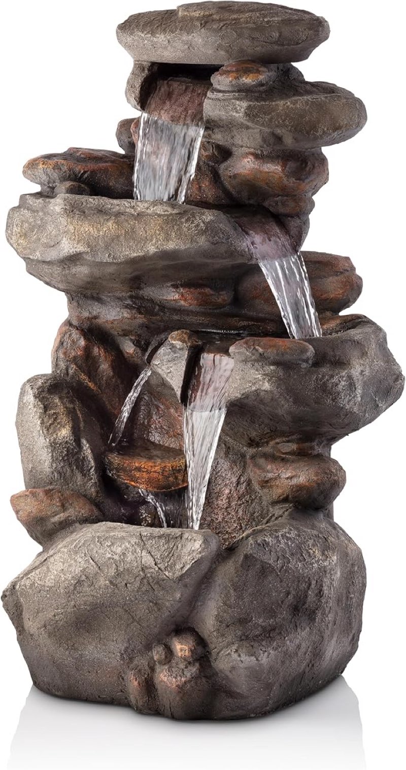alpine corporation | 40" 4-tier rock floor fountain with cascading water & white led lights, tranquil outdoor water feature for garden, patio, yard & deck, light gray