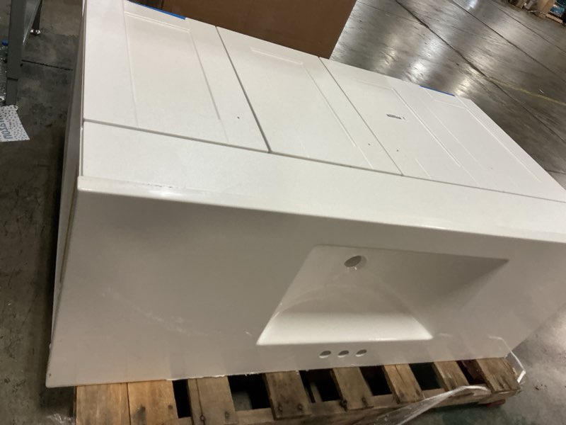 Condition photo showing As Is for diamond now tipton 48-in white single sink bathroom vanity with white cultured marble top