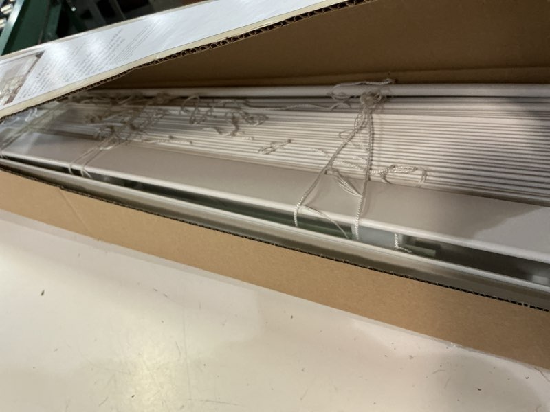 Condition photo showing Good Condition for allen + roth trim at home 2-in slat width 33-in x 64-in cordless white faux wood room darkening horizontal blinds