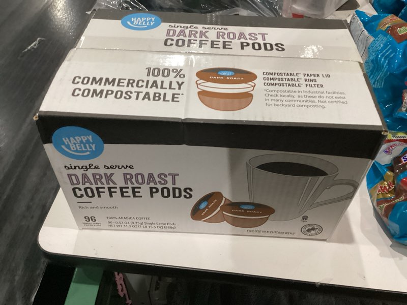 Condition photo showing New/Like New for Amazon Brand - Happy Belly Dark Roast Coffee Pods, Compatible with Keurig 2.0 K-Cup Brewers, 96 Count Dark Roast 96 Count (Pack of 1)