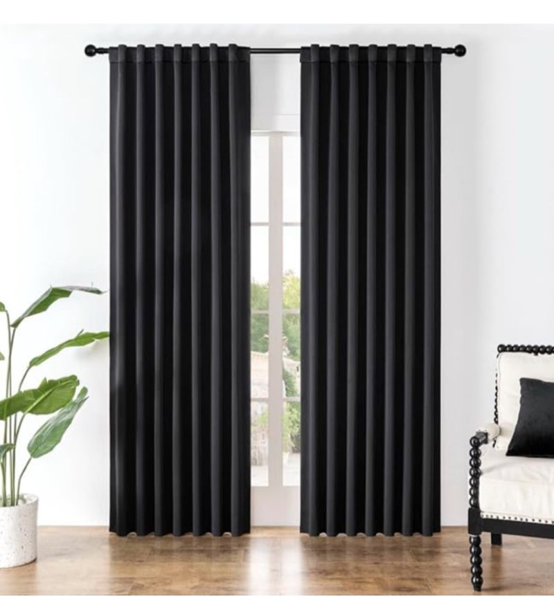  Black Curtains, 2 Panels, Black, Size Unknown, (Item Similar than Picture)