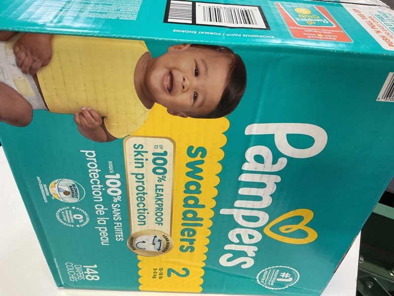 Condition photo showing New/Like New for pampers swaddlers diapers, size 2 (10-22 lbs), 148 count, absorbent, keeps baby dry and comfortable, skin safe disposable baby diaper size 2 148