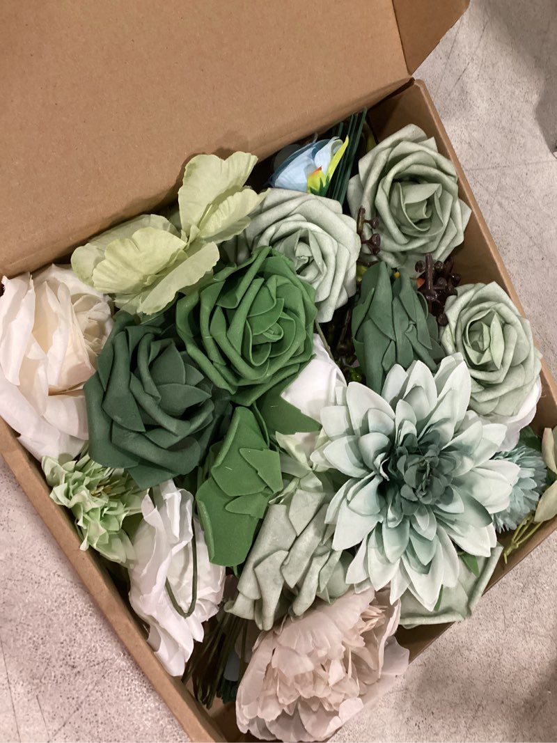 Condition photo showing Good Condition for 30 pcs artificial flowers combo green flowers mix silk flowers dahlia roses with stems for diy wedding bridal bouquets, baby shower, floral arrangement, table centerpieces, home decorations. white/greem1