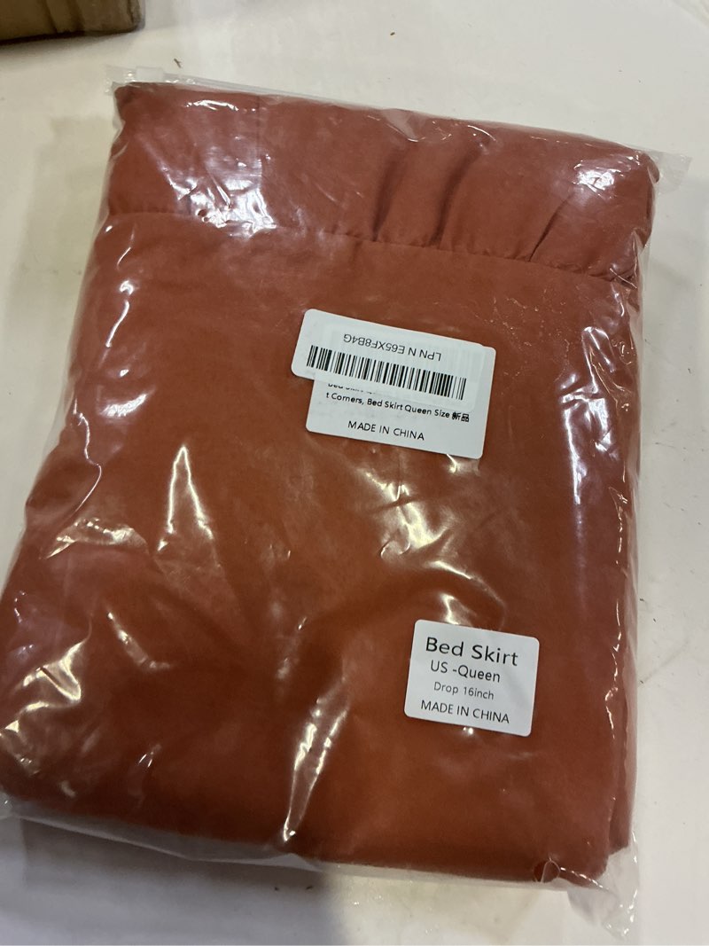 Condition photo showing New/Like New for bed skirt queen size ruffled bed skirt with split corners, 16 inch drop dust ruffle bed skirts with platform, terracotta terracotta 16-queen