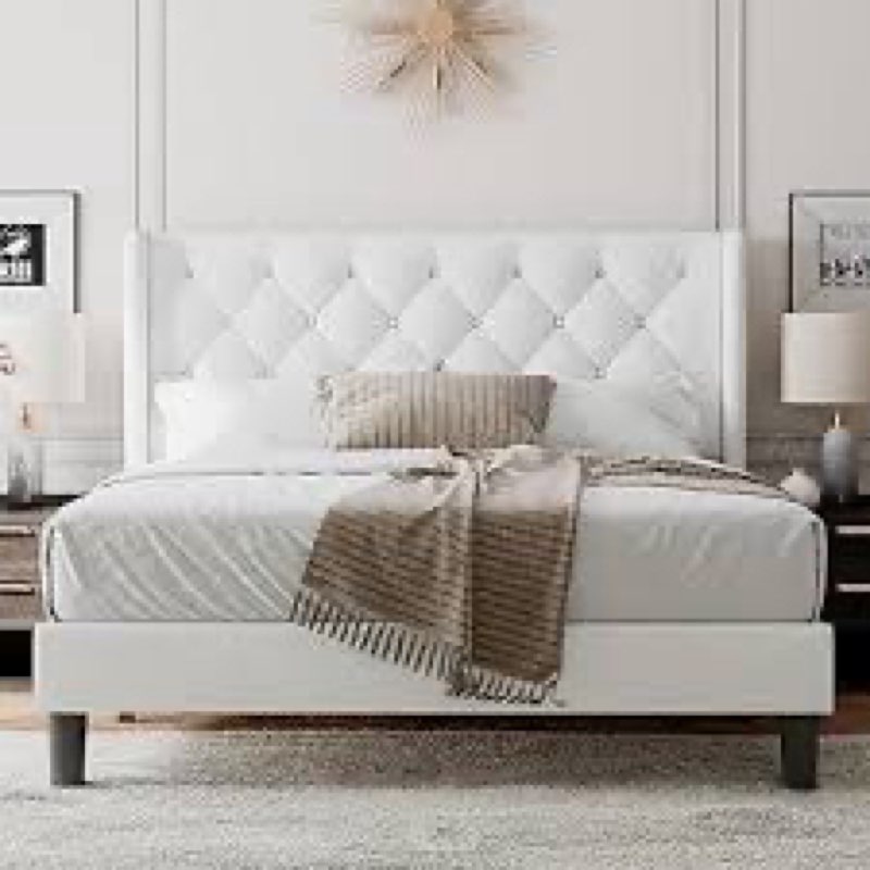 Feonase Queen Size Bed Frame with Diamond Tufted Wingback Headboard, Upholstered Platform Bed, Sturd