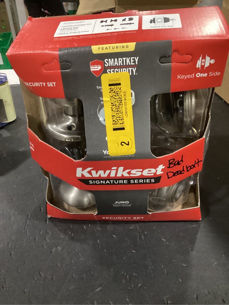Condition photo showing As Is for kwikset juno keyed entry door knob and single cylinder deadbolt combo pack with microban antimicrobial protection featuring smartkey security in satin nickel satin nickel 1 pack combo pack
