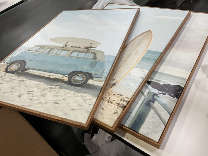 Condition photo showing As Is for HOURIA 3Pcs Summer Coastal Beach Canvas Wall Art (36\"x24\"), Summer Tropical Ocean Themed Wall Decor, Vintage Camper Van Boardwalk Surfboard Art Print for Living Room Bedroom Office Coastal Beach Wall Art 24\"L x 36\"W
