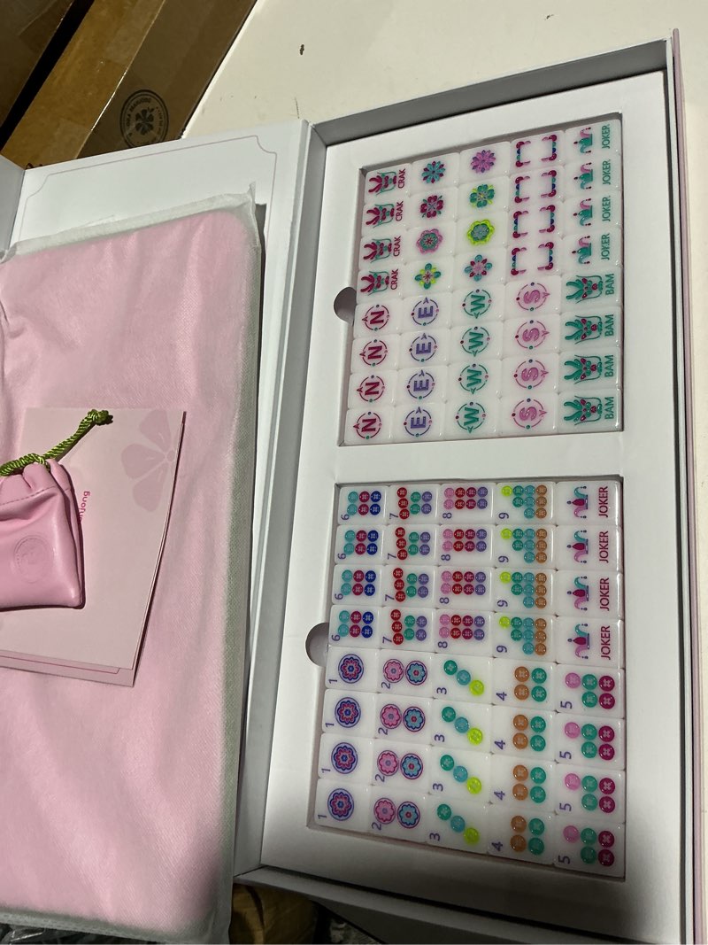 Condition photo showing New/Like New for american mahjong game set, 160 pink layered mah jong tiles with tile bag, gift-ready storage box, 4 dice with pouch, mahjong travel tiles set, western mah jongg, majong, majiang pink-2