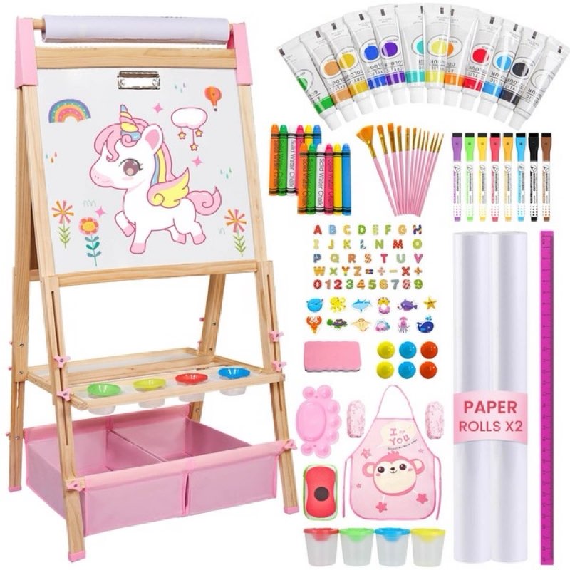 Easel for Kids,Adjustable Wooden Art Easel for Kids,119+ Art Supplies,Double Sided Magnetic Chalkboard and White Board Whit Storage Basket,Drawing and Painting for Aged 2-4,5-7,8-12,2 Paper Rolls