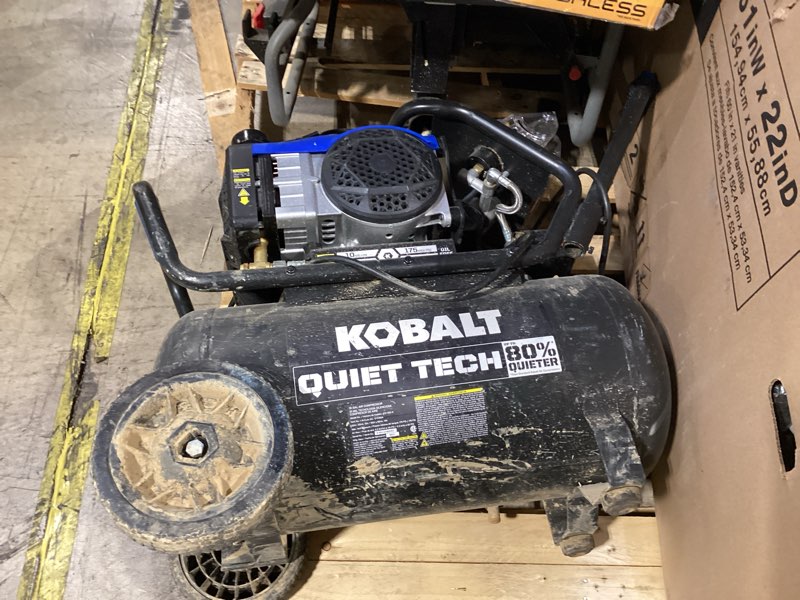 Condition photo showing As Is for kobalt quiet tech 10-gallon portable electric 175 psi horizontal air compressor