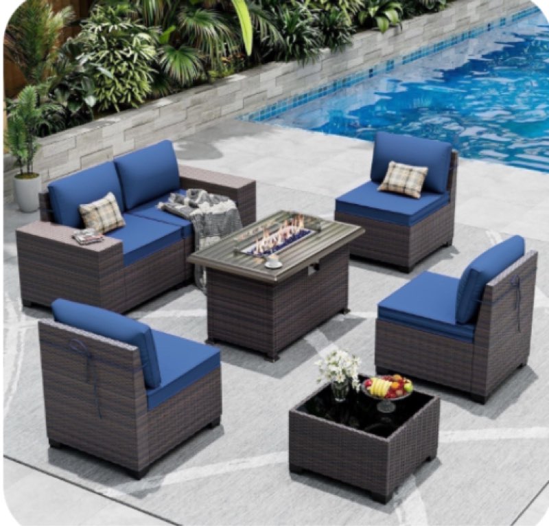 Incomplete, ASJMR 7 Pieces Wicker Patio Furniture Set With Gas Fire Pit Table,Outdoor Rattan Sectional Sofa Conversation Set With Cushions & Coffee Table,Navy