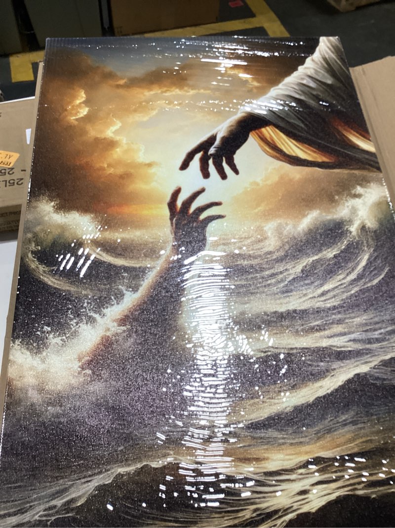 Condition photo showing New/Like New for Jesus Canvas Wall Art The Hand Of God Divine Rescue At Sea Painting Pictures Wall Decor ChristianJesus Hand Reaching Poster Prints for Prayer Room Church Living Room Bedroom Scene Home Decoration Jesus Sailor 16L" x 12W"-canvas
