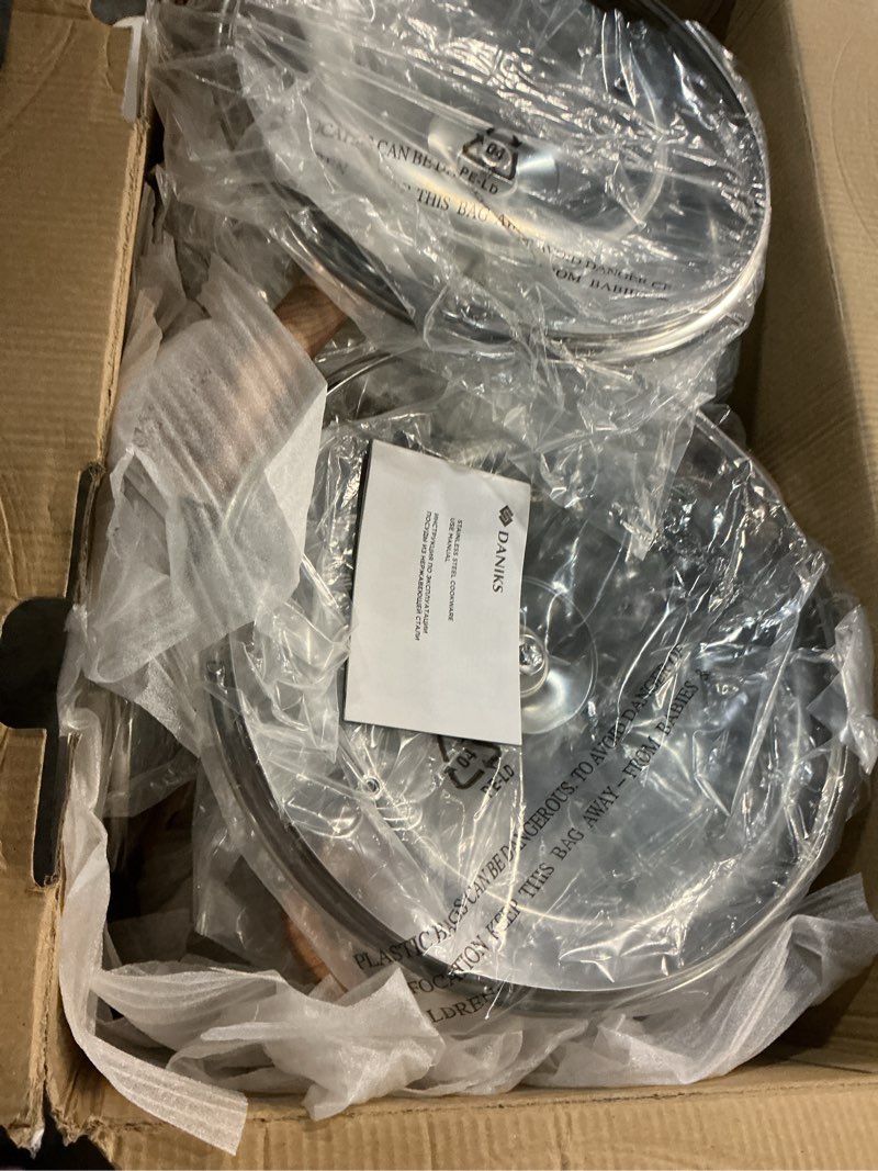 Condition photo showing Good Condition for daniks oslo 10-piece stainless steel cookware set with glass lids, includes saucepan and frying pan with lid, tri-ply bases for even heating, induction compatible, dishwasher safe, bakelite handles 10-piece set