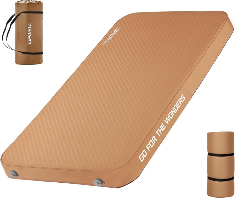 UPWELL Self Inflating Sleeping Pad 4.5" Thickness Camping Mattress with Solid Foam Double Sleeping Mat Portable Fast Inflation for Outdoor Mat Portable Roll Up Bed Brown Full Brow