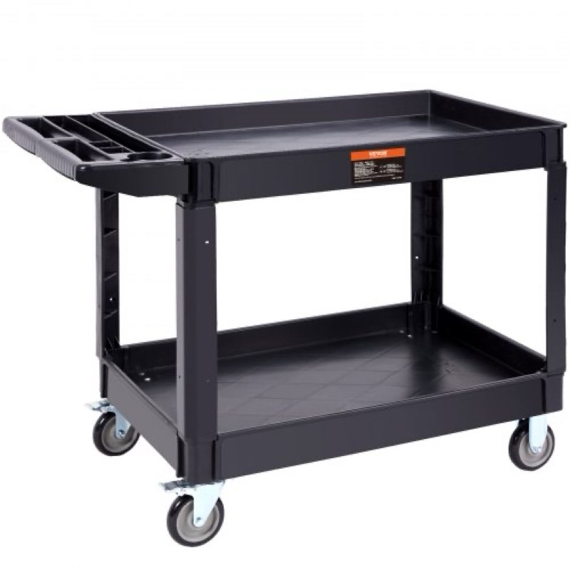 vevor utility service cart, 2 shelf 550lbs heavy duty plastic rolling utility cart with 360° swivel wheels (2 with brakes), large lipped shelf, ergonomic storage handle for warehouse/garage/cleaning, black