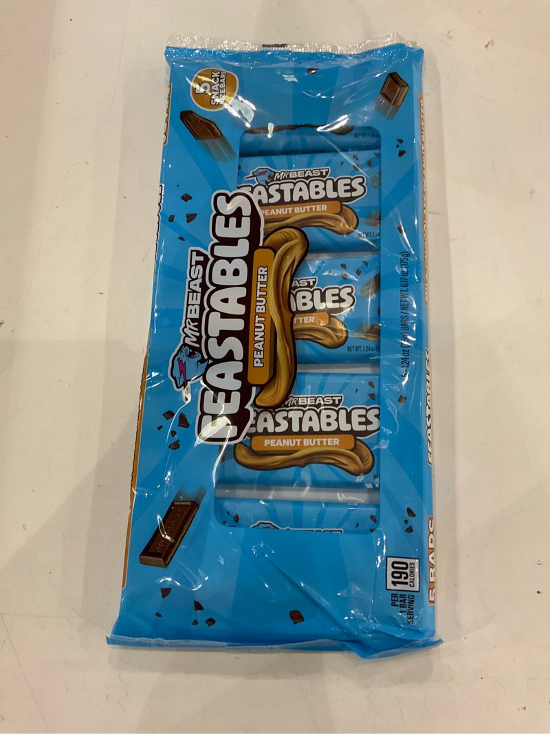 Condition photo showing New/Like New for Feastables MrBeast Peanut Butter Milk Chocolate Chocolate Bar, Full Size Bar for Adults & Kids, Candy Bars, Snacks, Gifts, & Dessert, Fairtrade Cocoa, 1.24 Oz Each, 5 Count Peanut Butter 5 Count