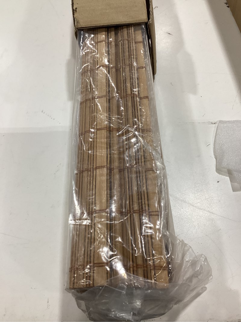 Condition photo showing Good Condition for no drill no tools bamboo roman shades, cordless light filtering window blinds with valance, natural woven wood shades for living room dining room, brown, 22" w x 48" h brown?sheer-view? 22"w x 48"h