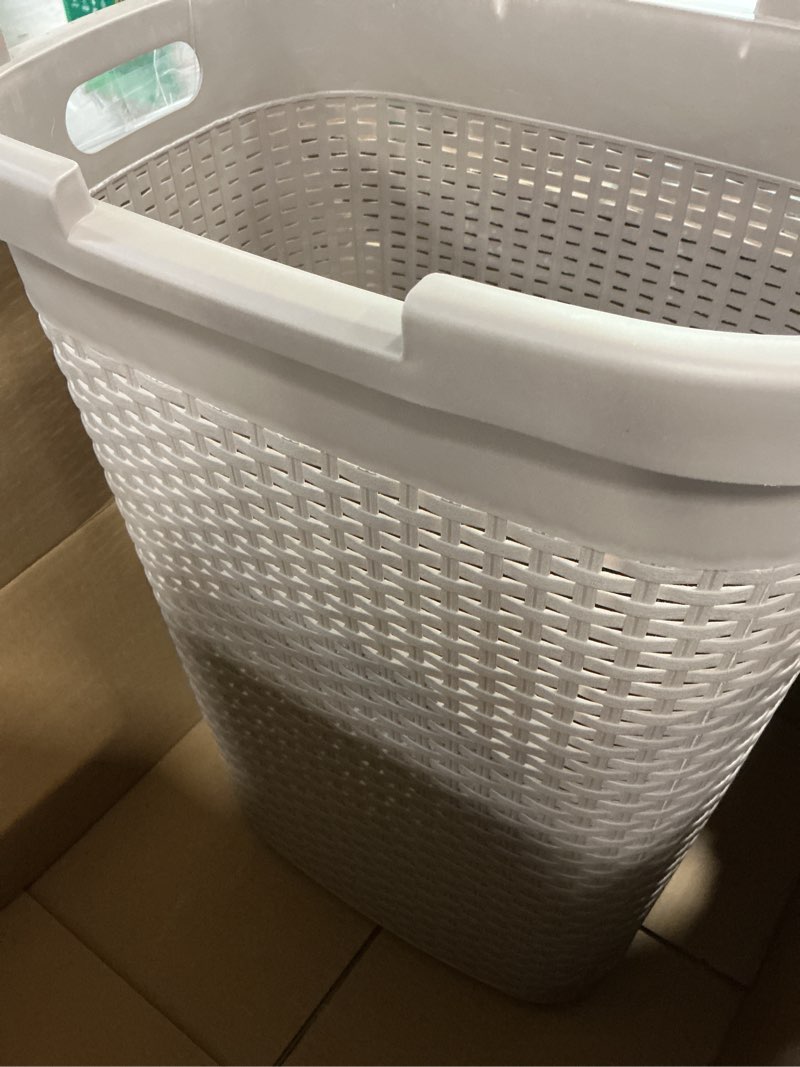 Condition photo showing As Is for Mind Reader Slim Laundry Hamper with Lid, 60L Clothes Basket, Premium Wicker Design, Plastic, Tan