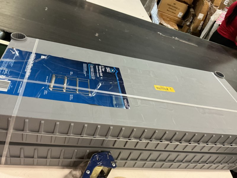 Condition photo showing New/Like New for project source plastic 4-tier utility shelving unit (34.75-in w x 15.06-in d x 52.625-in h), gray, (50-lb capacity per shelf)