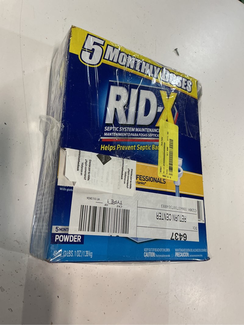 Condition photo showing As Is for rid-x septic tank treatment powder,  49 oz.