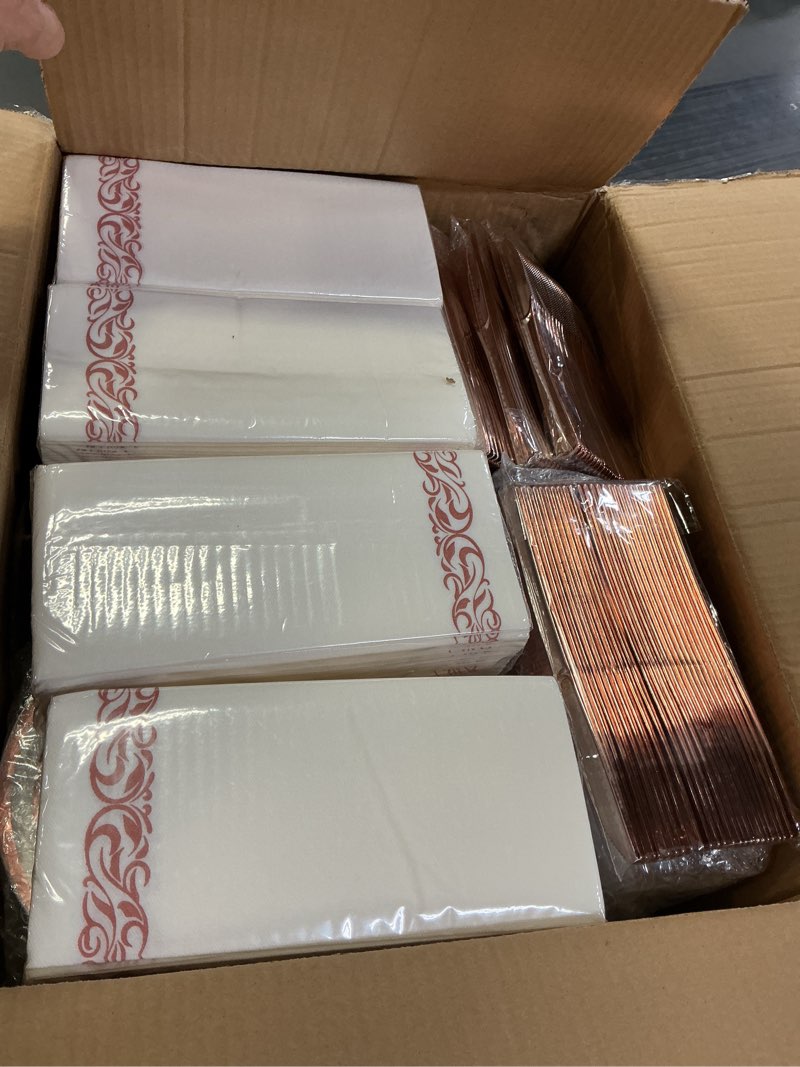 Condition photo showing item condition for BESTVIP 700PCS Rose Gold Disposable Dinnerware Set for 100 Guests, Plastic Plates for Party, Wedding, Christmas, Include: 200 Plastic Plates, 100 Gold Silverware, 100 Cups, 100 Napkins 100 Guests Rose Gold