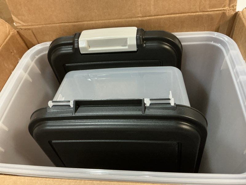 Condition photo showing Good Condition for IRIS USA Dog Food Storage Container, 30 lbs & 11 lbs Combo, Cat Food Storage Container, Dog Treat Container, Airtight, Stackable, 2-Cup Scoop, Wheels, Easy Mobility, Black 30 lbs + 11 lbs Black