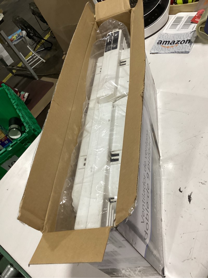 Condition photo showing As Is for mainstays 9'' 3-speed, reversable twin window fan, white