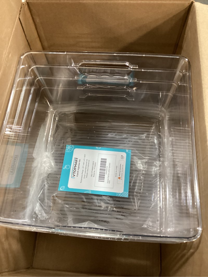 Condition photo showing Good Condition for Vtopmart 4 Pack Extra Large Clear Plastic Storage Bins,11x11 Cube Acrylic Organizer Square Containers with Handle for Pantry,Closet,LaundryRoom,Kitchen,Bathroom,UnderSink Organization