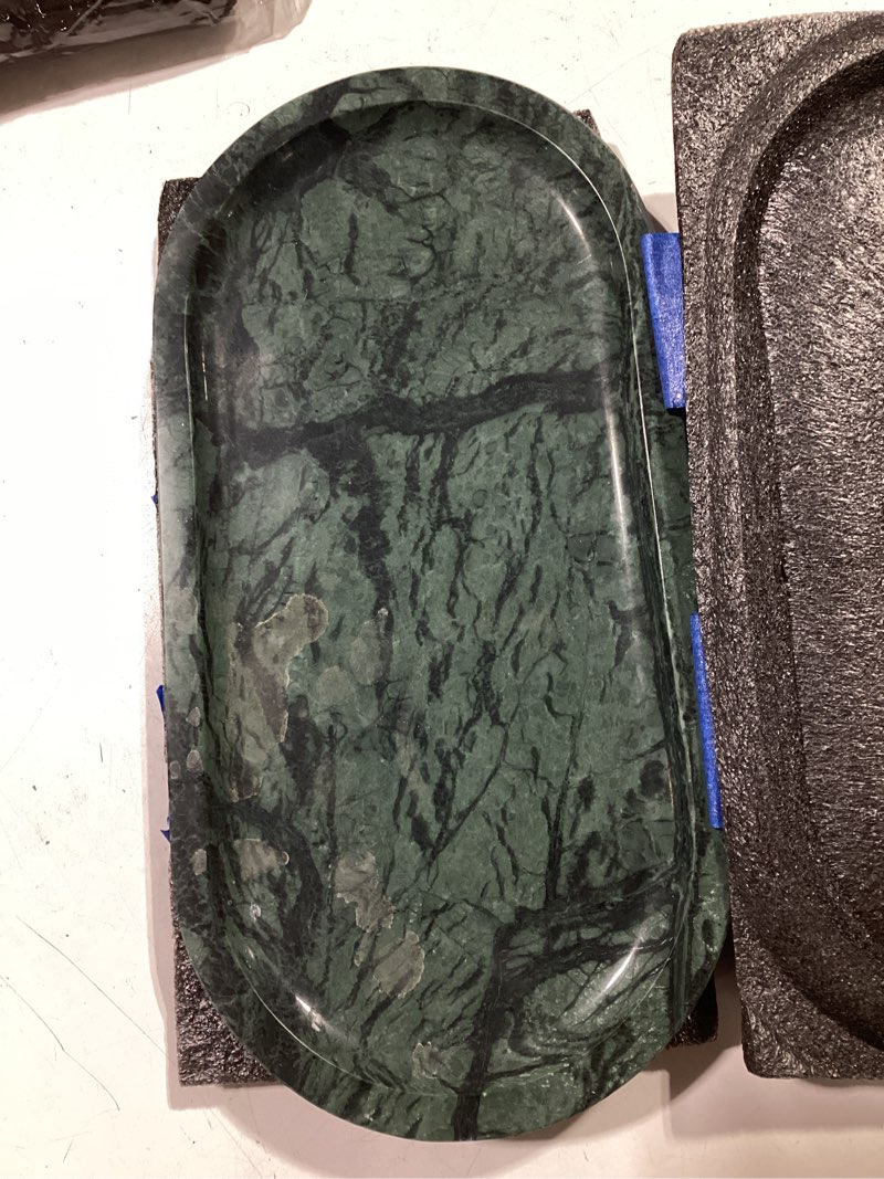 Condition photo showing As Is for ymxyjm genuine real natural marble tray for bathroom, luxury indian green stone vanity tray, decorative oval trays for countertop storage organizer, dresser, kitchen, home decor, 11.8" x 6", green dark green 11.8" x 6" x 0.8"