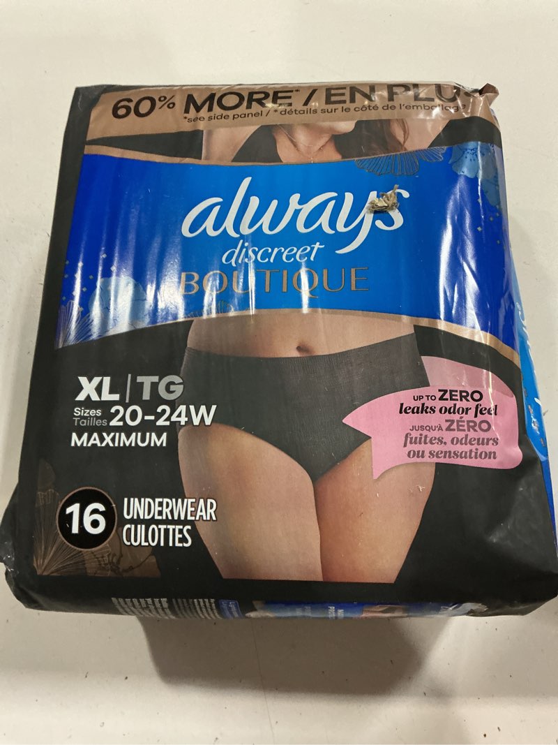 Condition photo showing New/Like New for always discreet boutique incontinence and postpartum underwear for women, maximum protection, extra large, black, 48 count black x-large 48