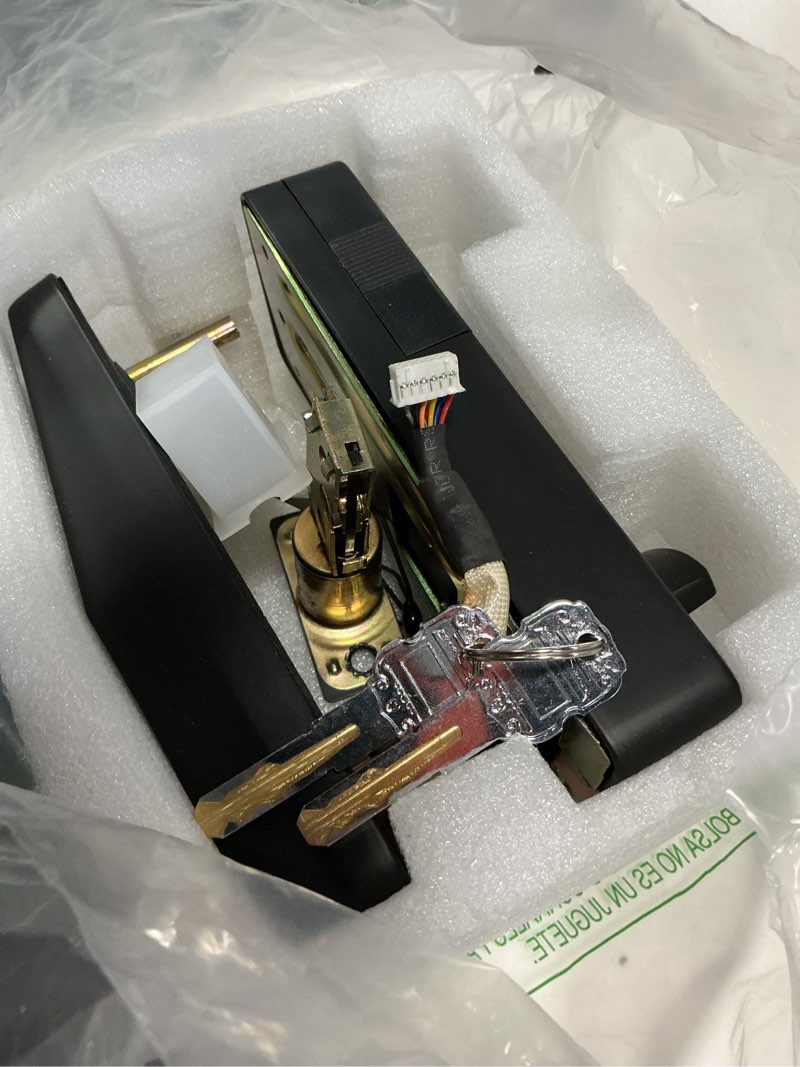 Condition photo showing As Is for keyless entry door lock, keypad smart deadbolt for front door, electronic keypad code with auto lock, one-time code, anti-peeping password, easy installation (app-wifi)
