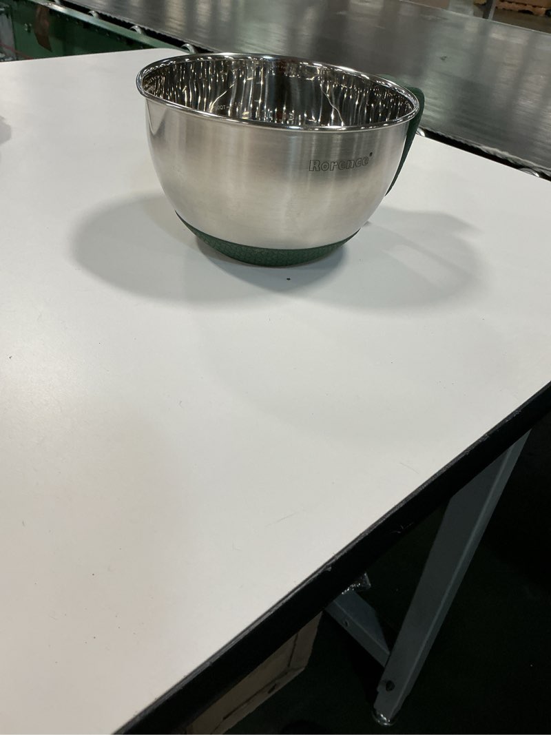 Condition photo showing Good Condition for Rorence Mixing Bowls Set: Stainless Steel Non-Slip Bowls with Pour Spout, Handle and Lid - Green incomplete 