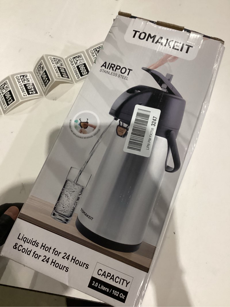 Condition photo showing As Is for Airpot Coffee Dispenser Thermal with Pump,3L/102 Oz Insulated Stainless Steel Large Airpot Coffee Carafe Lever Action for Hot/Cold Water,Thermal Carafe for Hot Cocoa for Parties Lever Pumps 101.4 Ounces