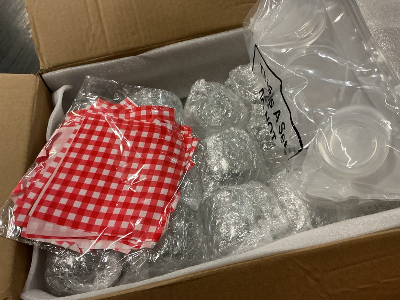 Condition photo showing Good Condition for lemonroad 30 mini yogurt jars 3.4 oz glass bottles with plastic lids for jam, honey, wedding favors, birthday party decor mason jar with checkered cloth and rope (circle,red,white) circle red,white 30