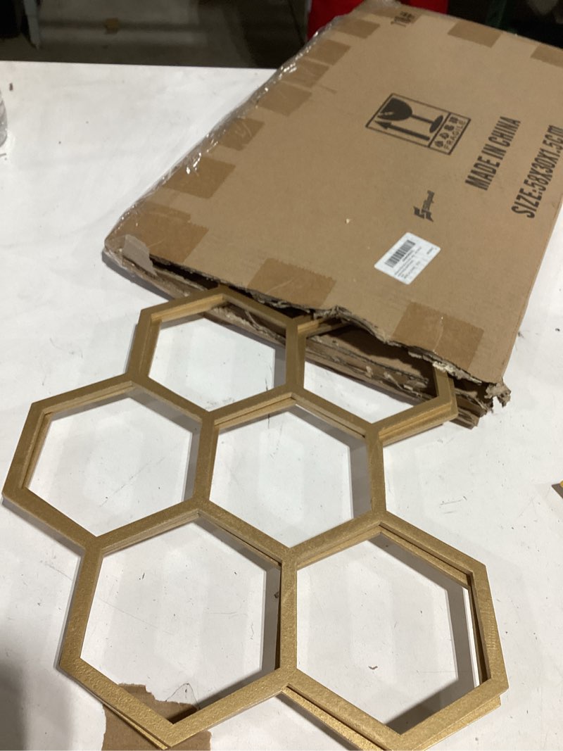 Condition photo showing As Is for Silipull 2 Pcs 22 x 12 Inch Large Wood Honeycomb Decoration Honeycomb Wall Decor Wood Hexagon Decor Bee Wall Hanging Decoration for Living Room Garden Bedroom Office Home Party (Gold Color)
